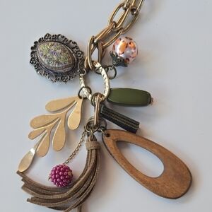Plunder Charm Necklace Womens OS Gold Boho Mixed Media Wood Leather Tassel